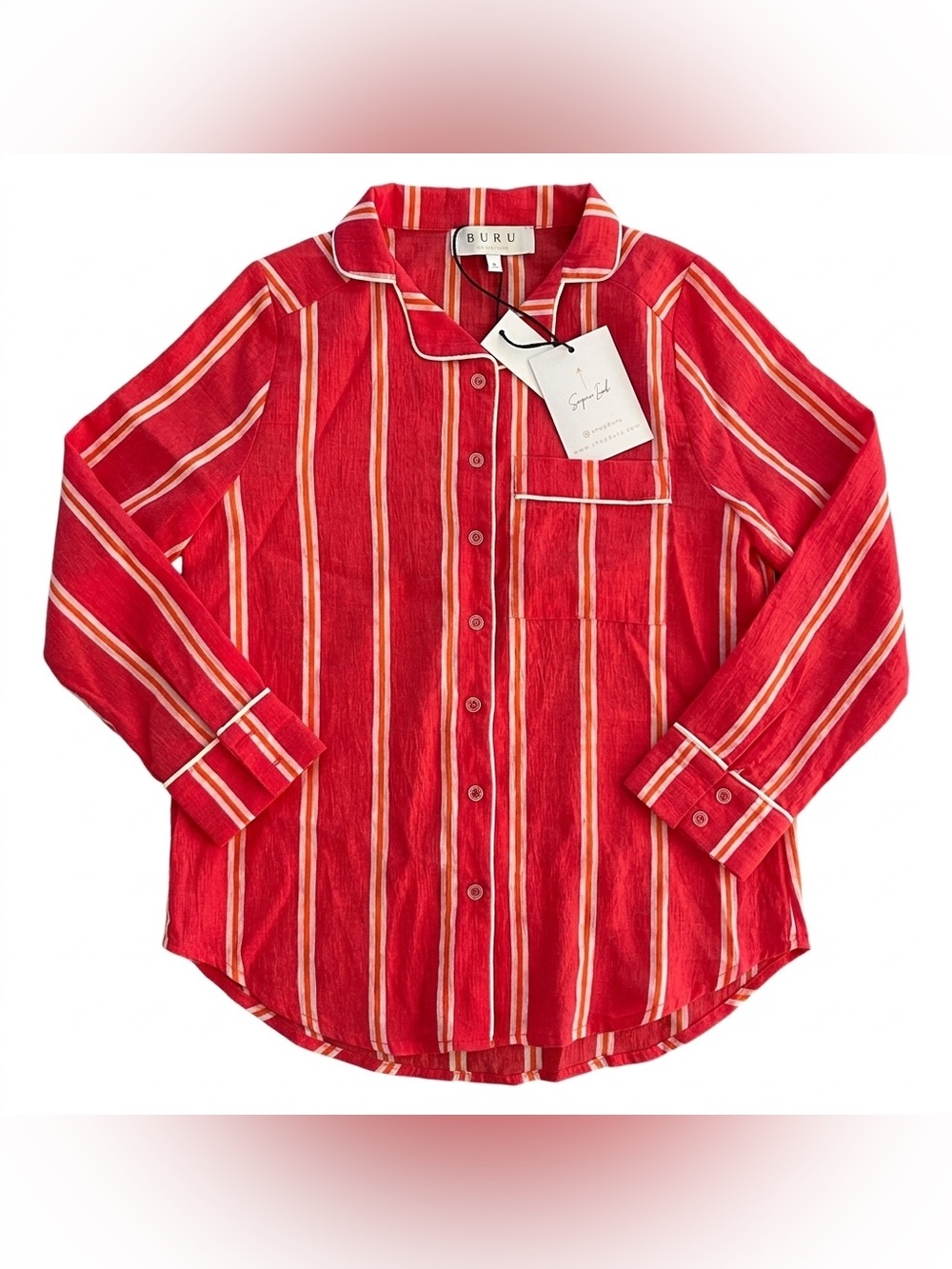 BURU Long Sleeve Pajama Blouse Sleep Shirt Top Small Red Stripes NWT